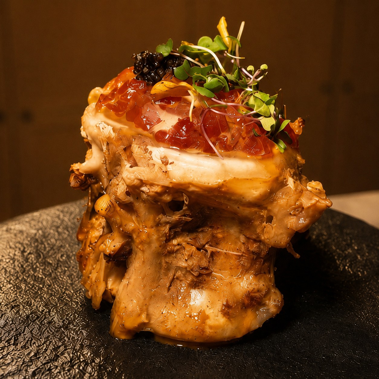 Slow-cooked meat finished with tomato and microgreens